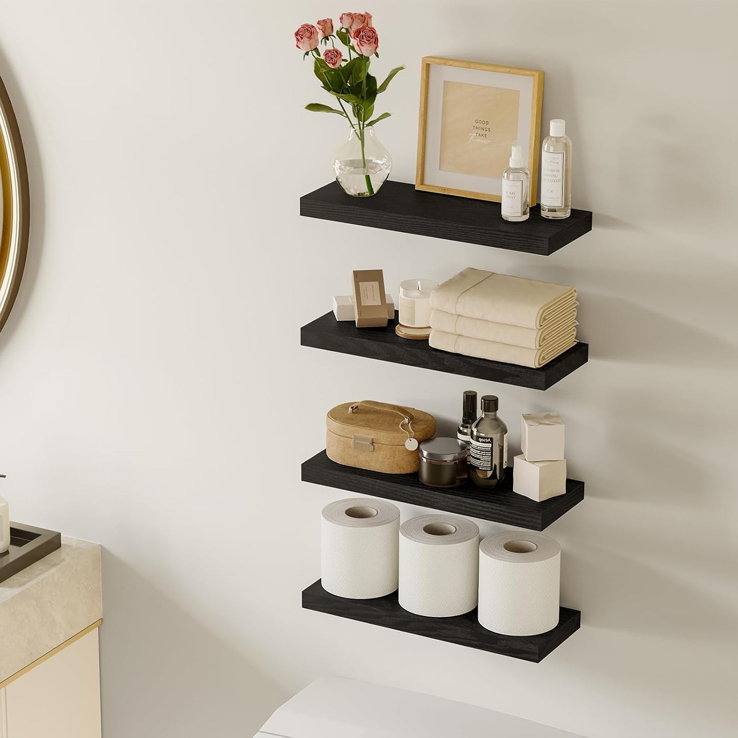 Stylish Rustic Floating Shelves - Set of 4 Black Wall-Mounted Wood Shelves for Home Decor, Storage, and Organization (15.8 Inch)
