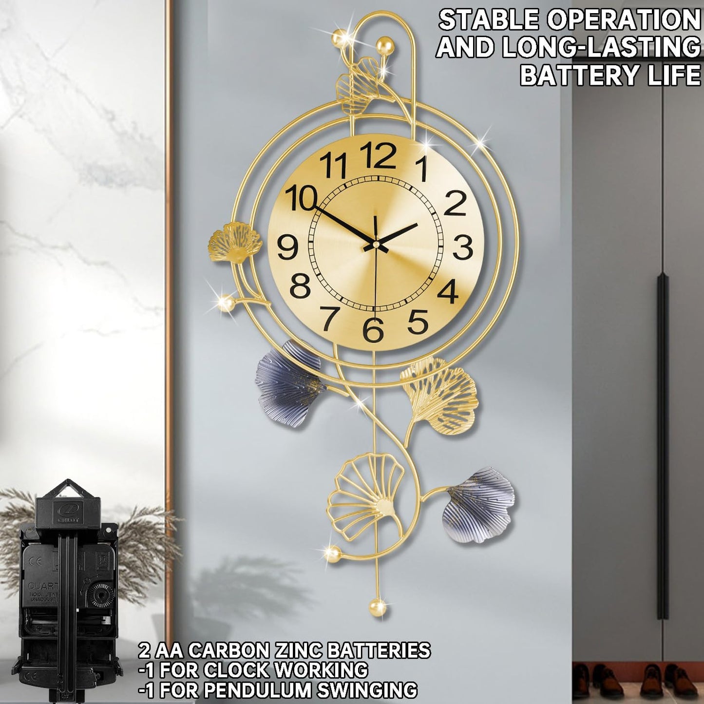 Elegant Silent Metal Wall Clock with Gold and Blue Leaves - Modern Design for Living Room, Bedroom, Office (25"x12") - Black Butterfly Accent