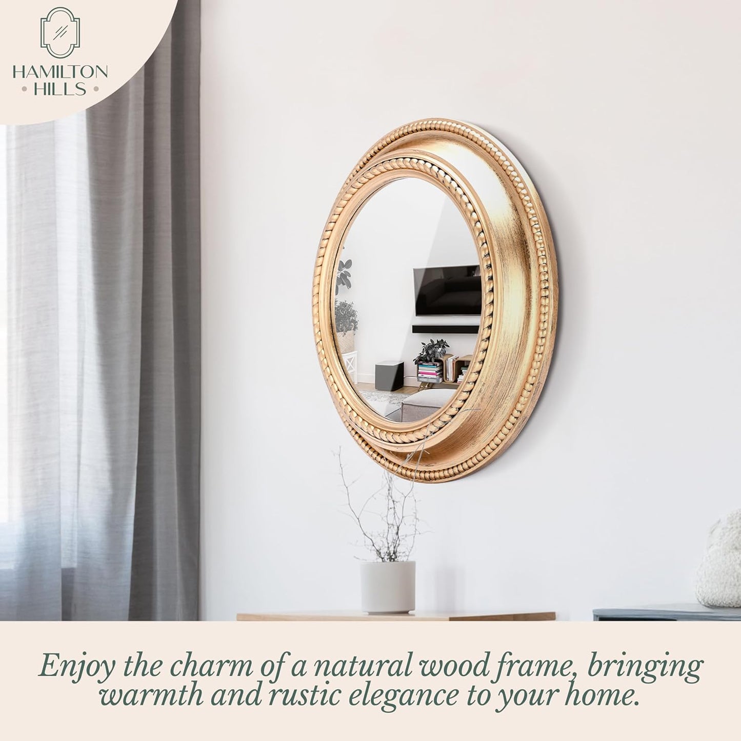 20-Inch Rustic Copper Round Wall Mirror - Elegant Farmhouse Decor with Wooden Finish Frame