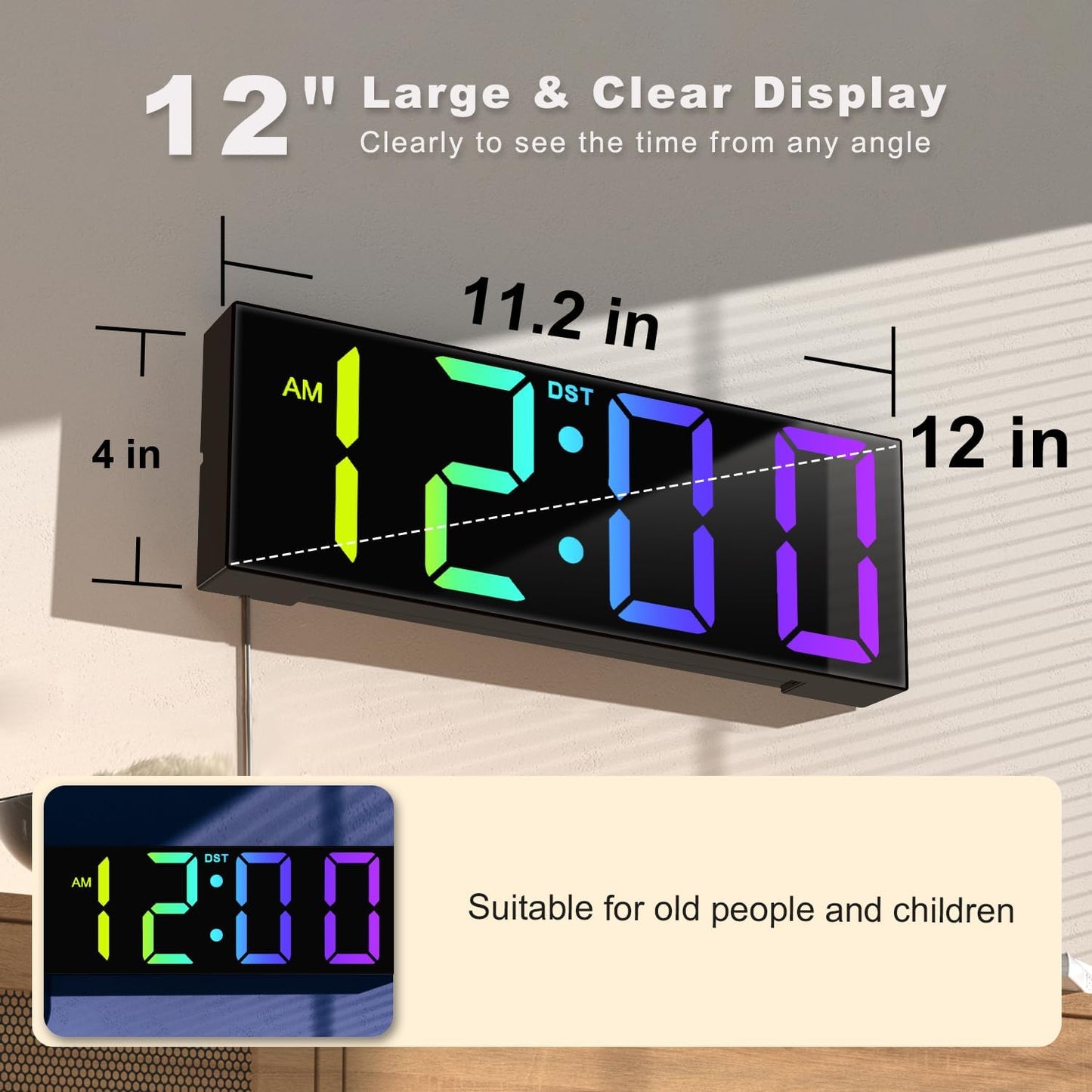 12'' Large Digital Wall Clock with Big LED Display, RGB Colors, Night Light - Perfect for Classroom, Living Room, Bedroom & Ideal Gift for Seniors and Loved Ones