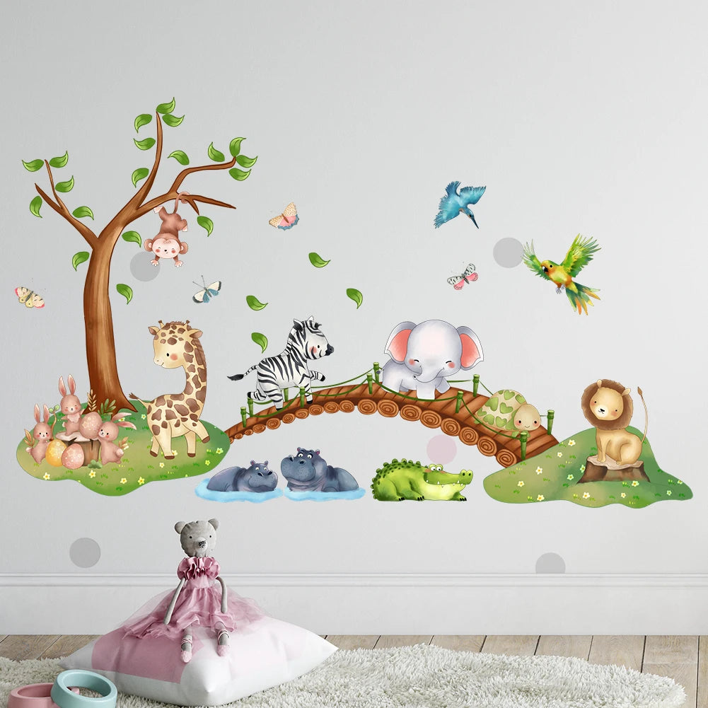 Cartoon Animal Elephant Zebra Giraffe Bridge Wall Sticker Waterproof PVC Children'S Room Kindergarten Home Decoration