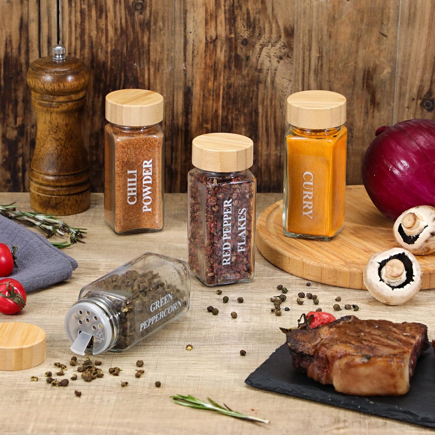 24-Piece Glass Spice Jar Set with Bamboo Lids - 4 Oz Minimalist Jars, Spice Labels, and Collapsible Funnel for Stylish Kitchen Storage