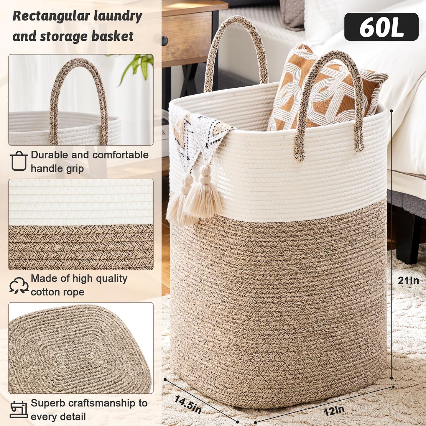 Stylish Woven Cotton Rope Laundry Basket - 60L Versatile Hamper for Clothes, Baby Toys & Blankets - Perfect for Bathroom, Nursery & Living Room