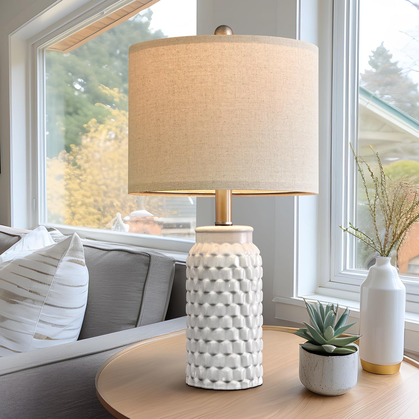 Set of 2 Stylish 20.5" White Modern Ceramic Bedside Lamps - Perfect for Bedroom, Living Room, or Office Decor