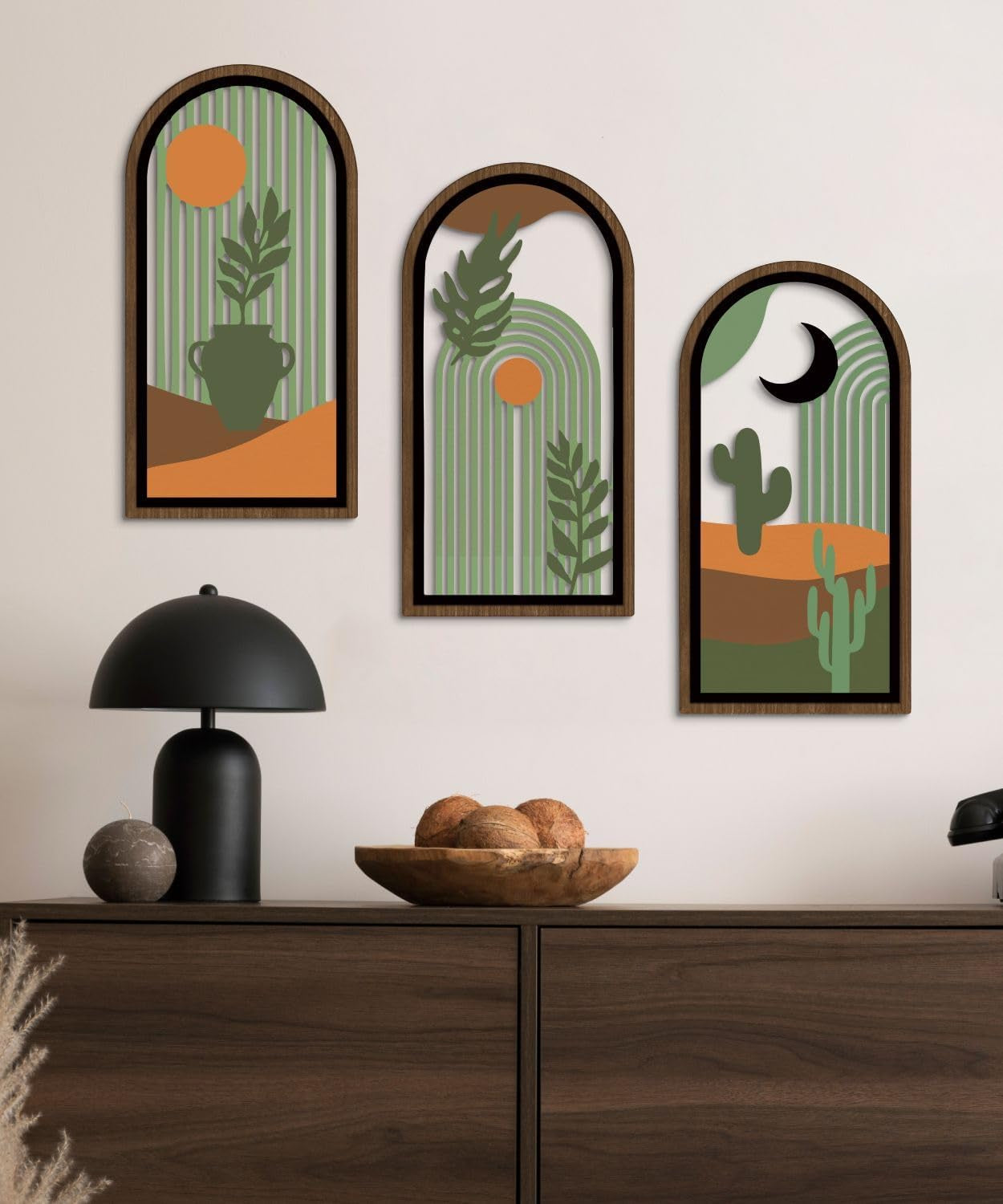 Chic Boho Cactus Wall Art Set - Modern Minimalist Decor for Living Room, Bedroom & Office - 16x8 Mid Century Green Abstract Prints (Set of 3)