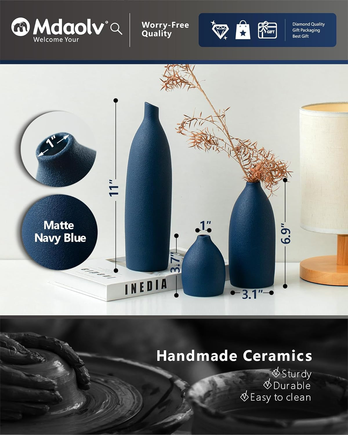 Elegant Matte Blue Vase Set - Coastal Decor for Kitchen, Living Room, Office, and Bathroom Centerpieces - Stylish Ceramic Vases for Table and Mantle Decorations