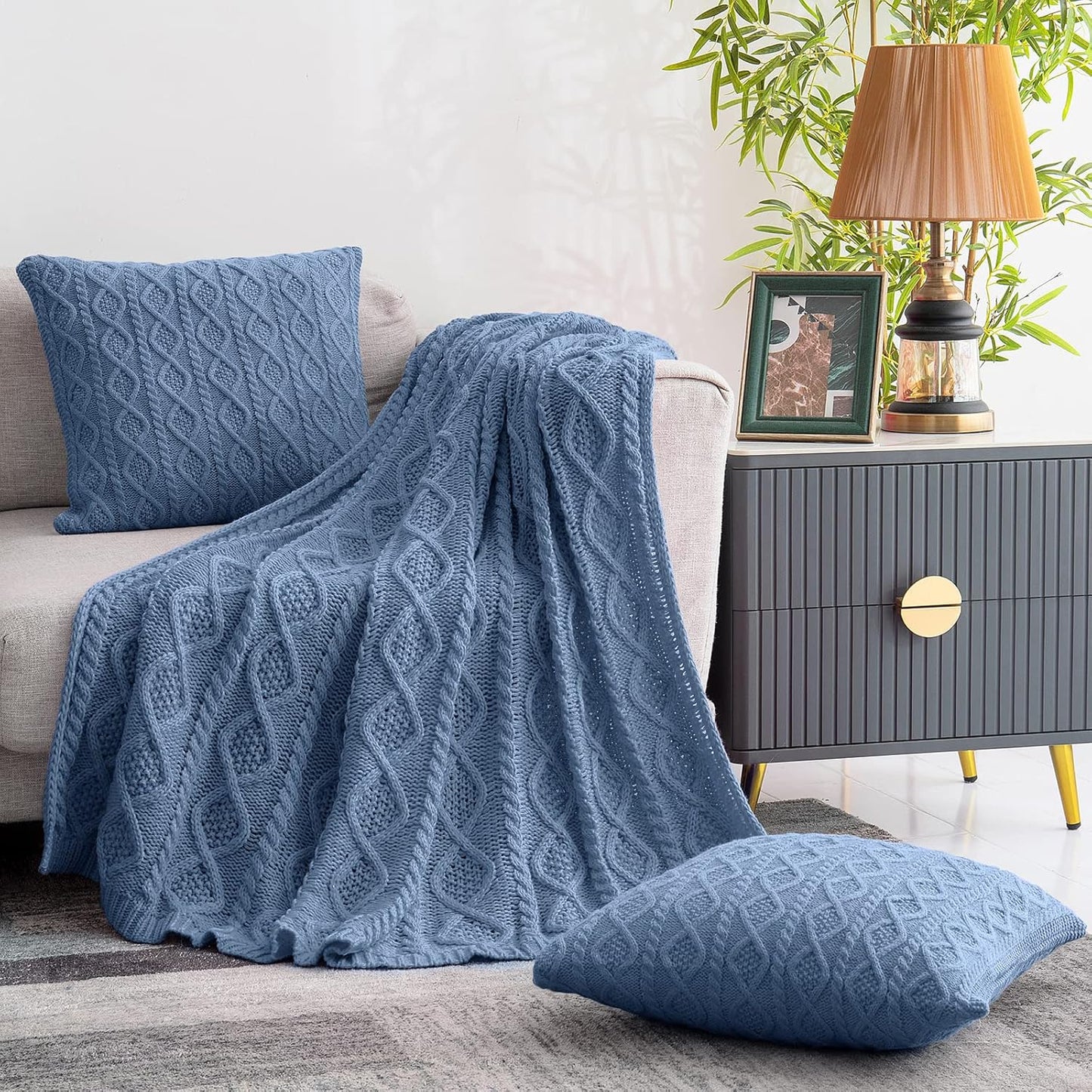 Cozy Dusty Blue Cable Knit Throw Blanket & Pillow Set - Soft Decorative Couch & Bed Essentials (50"x60" Blanket + 2 Pillow Covers)