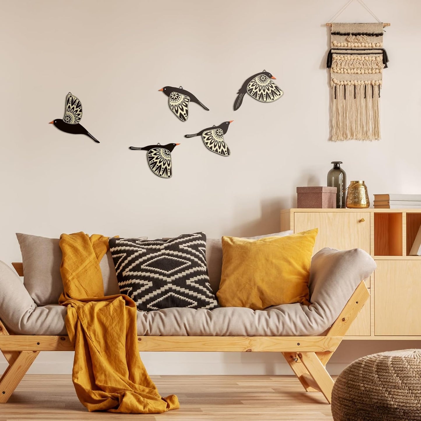 Elegant 5-Piece Wooden Bird Wall Art - Rustic Scandinavian Decor for Living Room, Bedroom, Kitchen, and Office (Black)