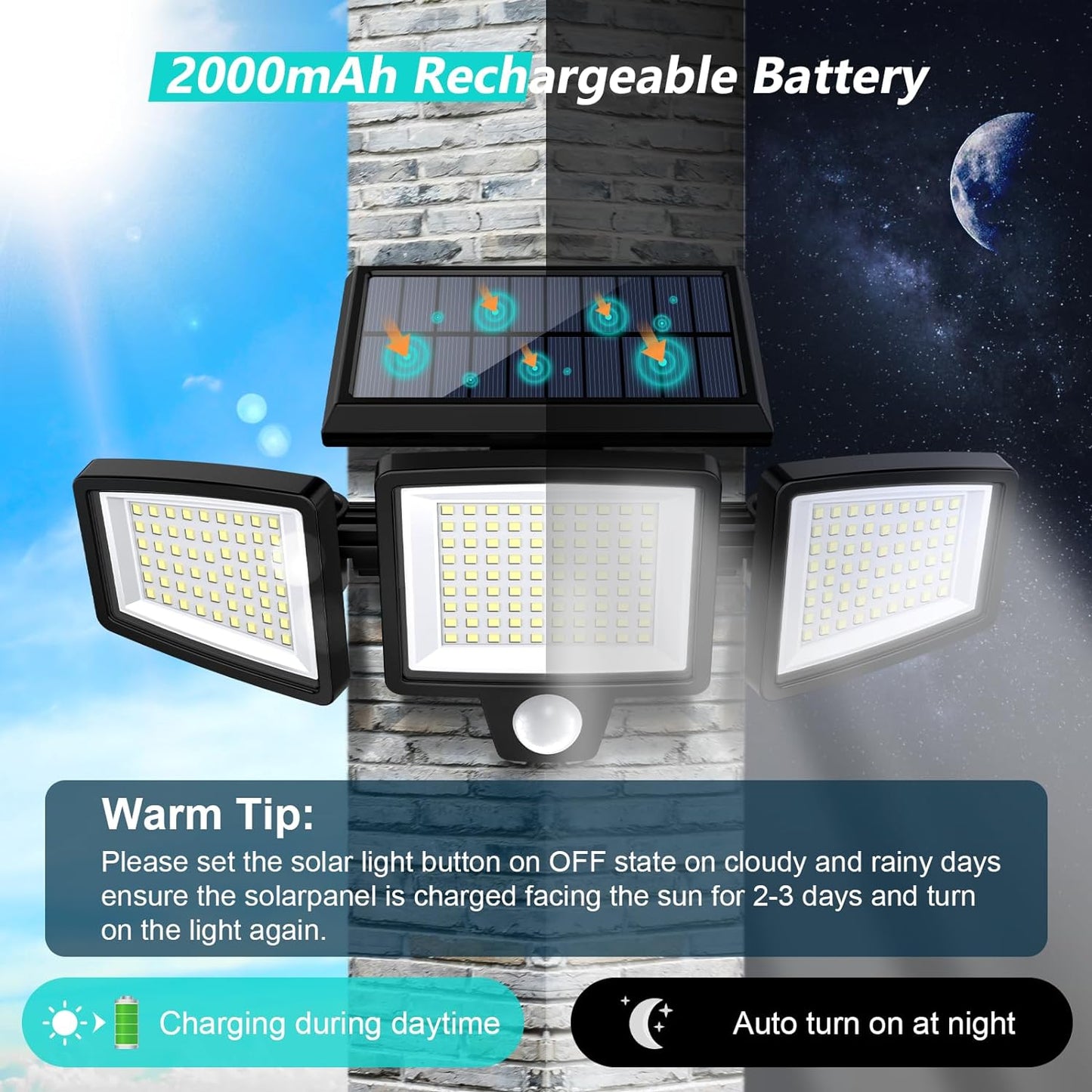 2500LM Solar Outdoor Security Lights - 210 LED Motion Sensor Flood Lights with Remote Control, 3 Adjustable Heads, IP65 Waterproof, 270° Wide Angle, 3 Modes (2 Pack)