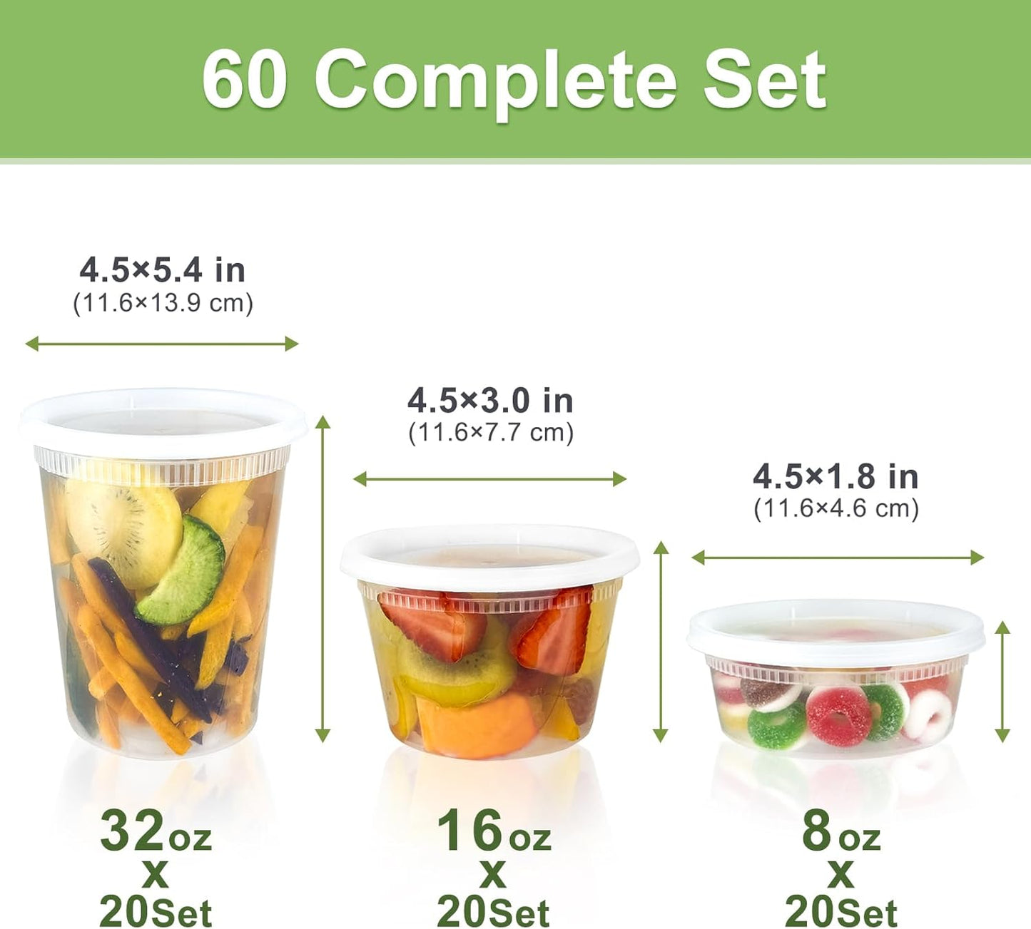 60 Sets of Leak-Proof Deli Containers with Lids - 120-Piece Airtight Food Storage Solution (32/16/8 Oz) - BPA Free, Microwave, Freezer & Dishwasher Safe