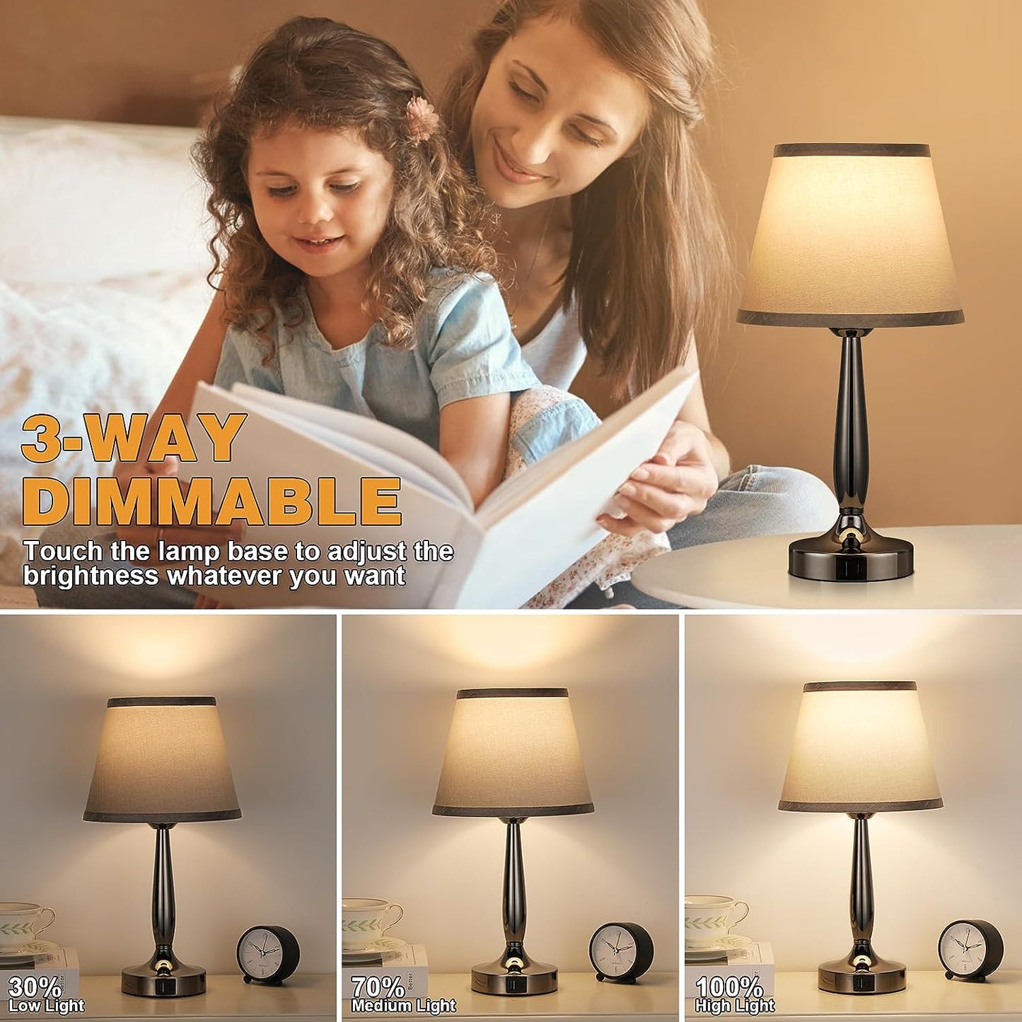 Touch Control Table Lamp with USB-C Charging, 3-Way Dimmable Nightstand Light for Bedroom, Living Room & Office - LED Bulb Included