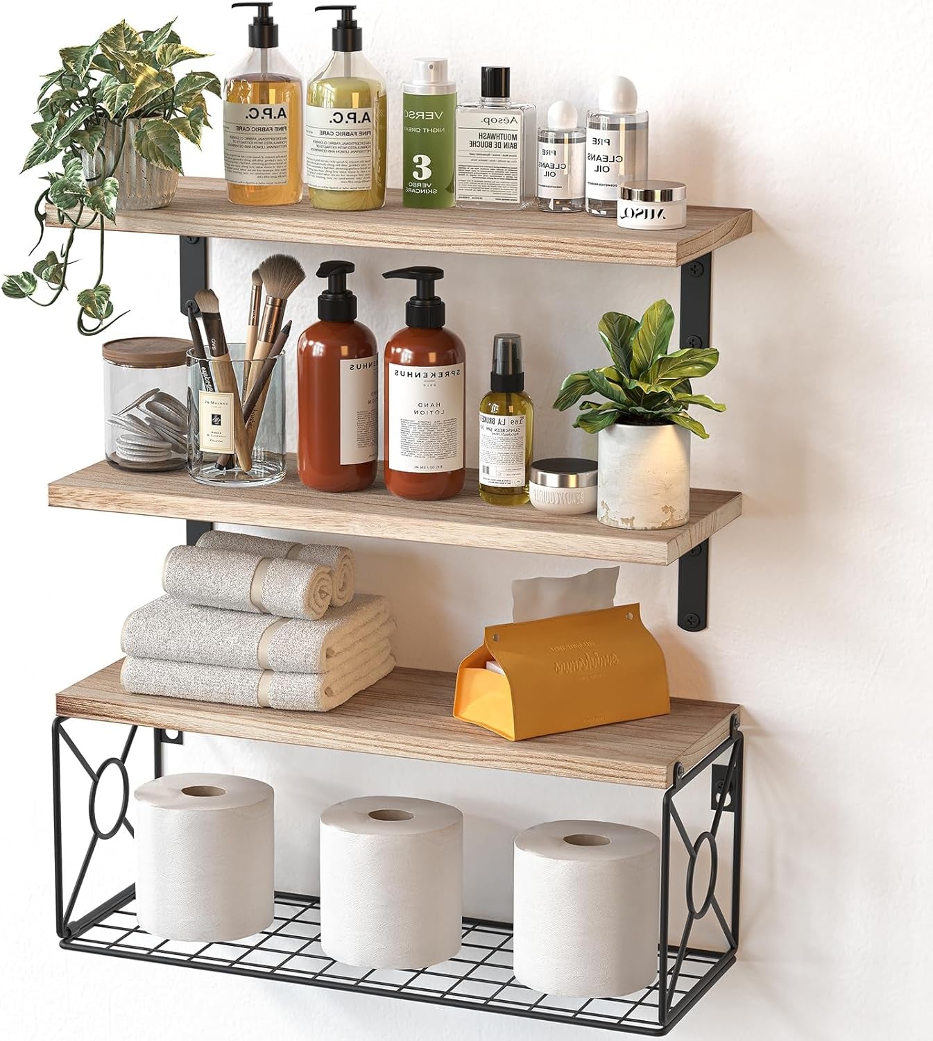 Stylish Natural Wood Over Toilet Shelves with Storage Basket – Perfect for Bathroom, Kitchen, and Living Room Organization & Decor