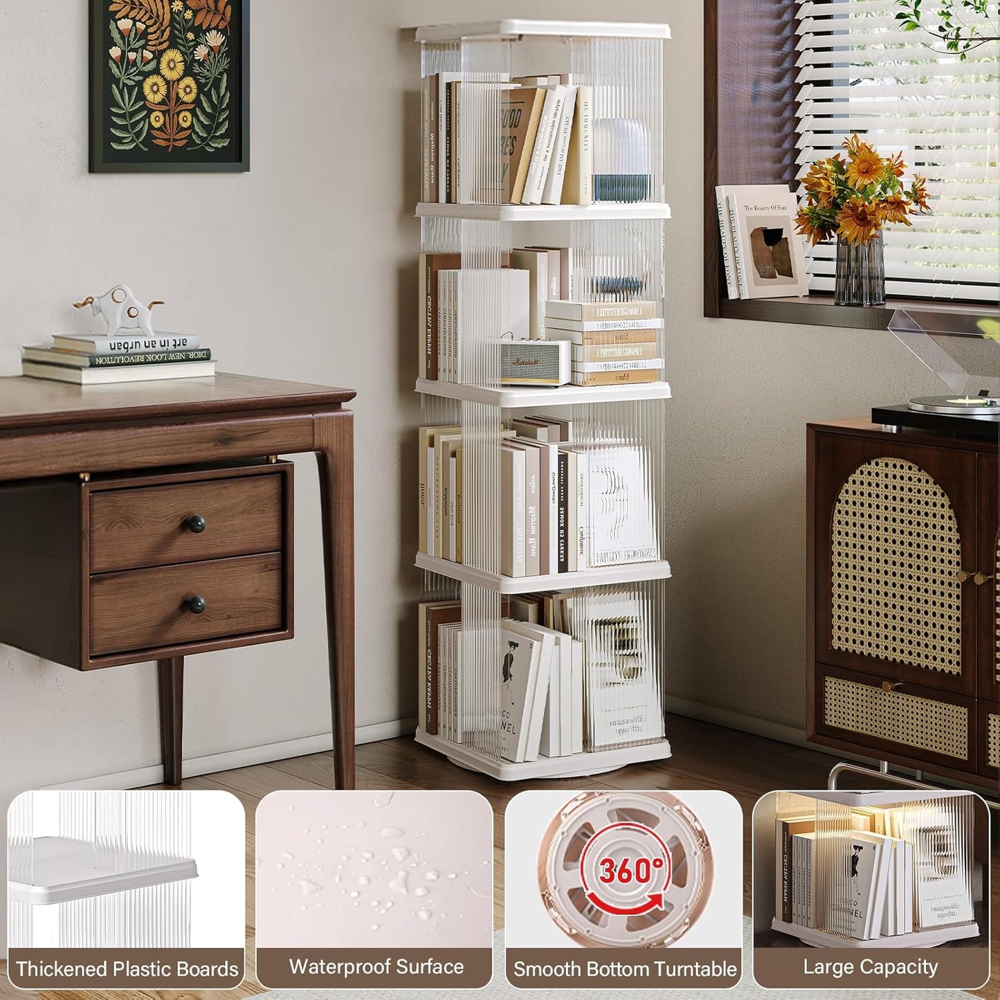 Compact 4-Tier Rotating Bookshelf - Perfect Corner Organizer for Small Spaces, 360-Degree Display Bookcase for Bedroom and Living Room