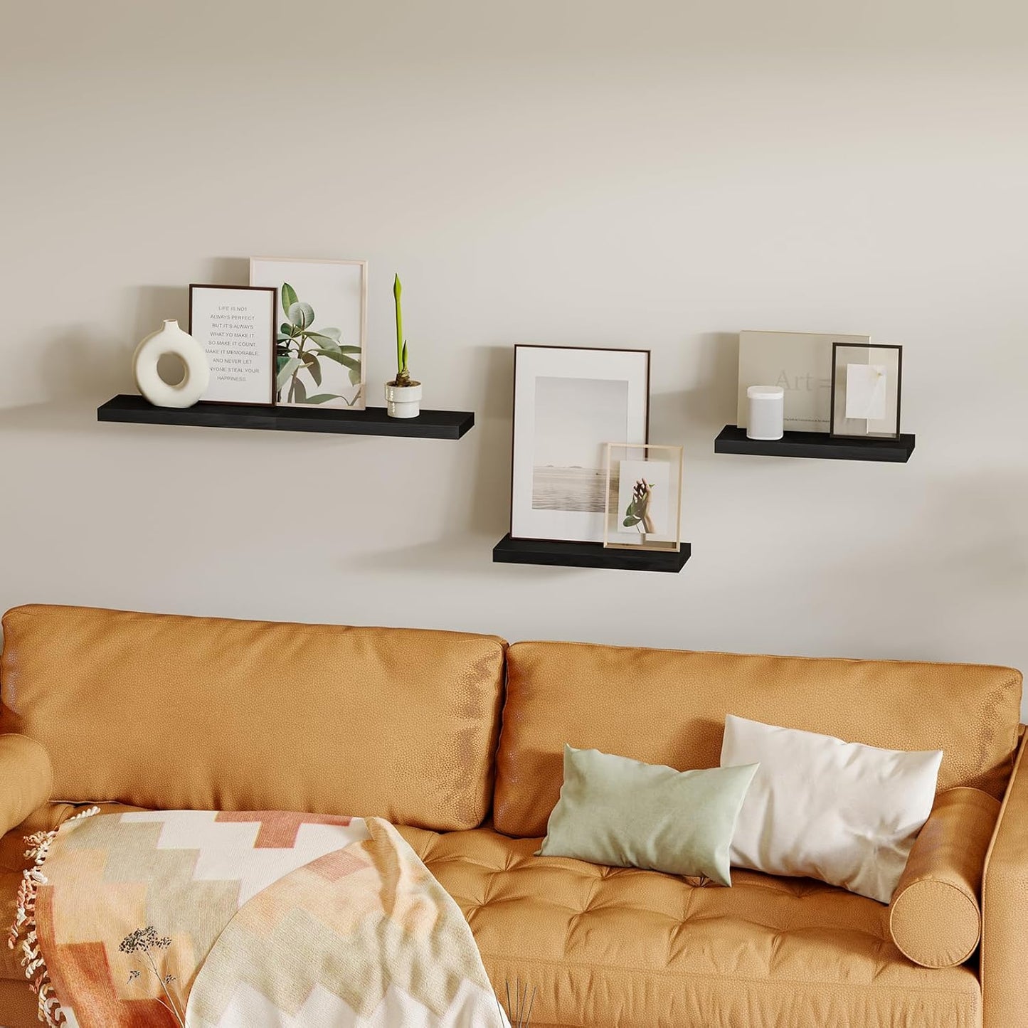 Stylish Rustic Floating Shelves - Set of 4 Black Wall-Mounted Wood Shelves for Home Decor, Storage, and Organization (15.8 Inch)