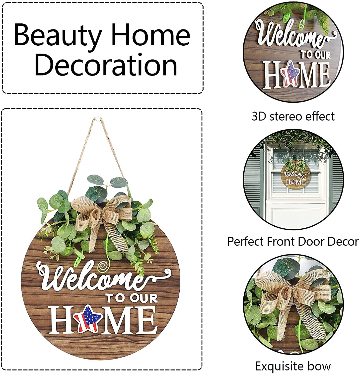 Seasonal Interchangeable Welcome Sign - Rustic Round Wood Wreath for All Occasions, Perfect for Home Decor, Porch, and Front Door!