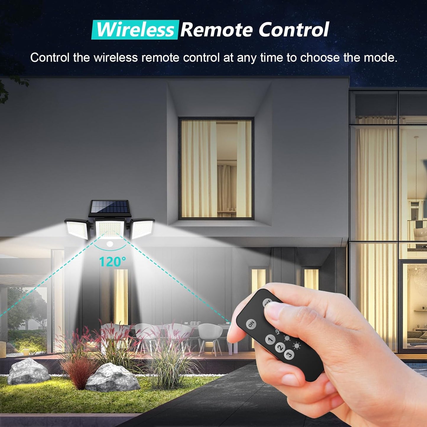 2500LM Solar Outdoor Security Lights - 210 LED Motion Sensor Flood Lights with Remote Control, 3 Adjustable Heads, IP65 Waterproof, 270° Wide Angle, 3 Modes (2 Pack)