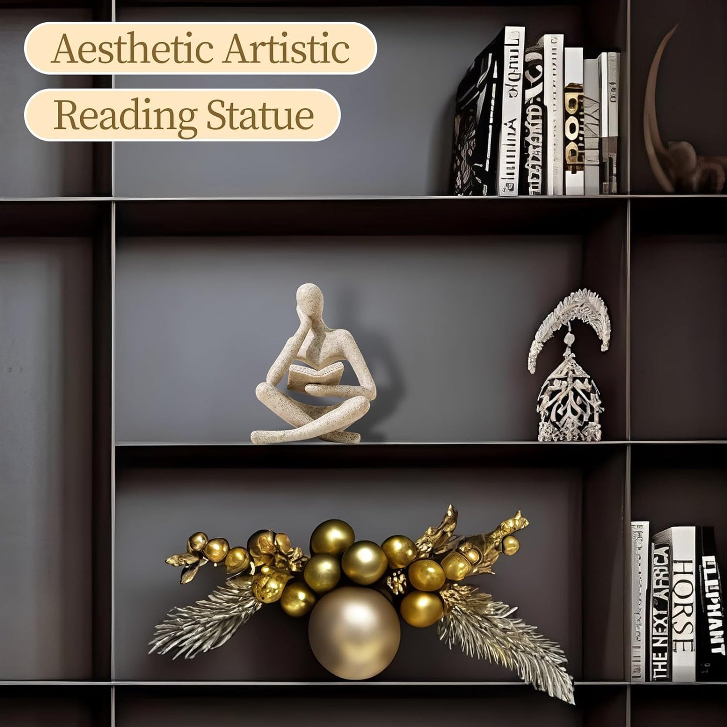 Abstract Thinker Statue - Modern Aesthetic Bookshelf Decor for Living Room & Office - Beige Reading Figurine for Coffee Table & Desk