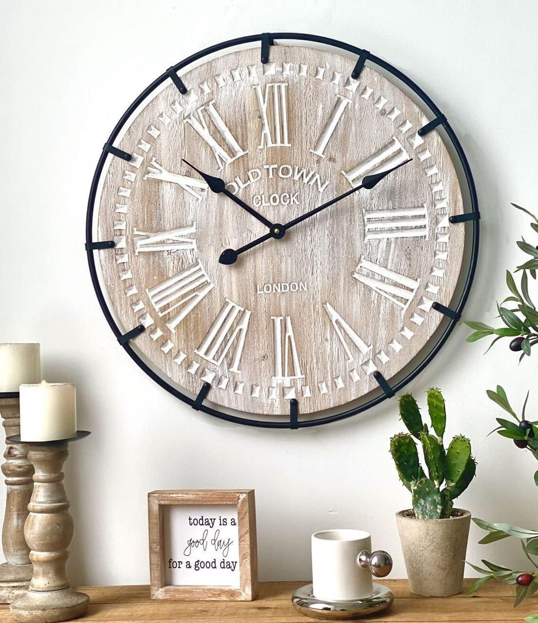 Rustic 24-Inch Farmhouse Wall Clock - Antique Wood & Metal Design with Large Engraved Numerals, Silent Battery Operated for Office, Kitchen, Bedroom & Living Room