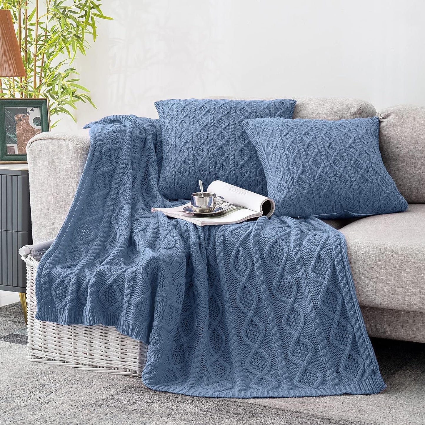Cozy Dusty Blue Cable Knit Throw Blanket & Pillow Set - Soft Decorative Couch & Bed Essentials (50"x60" Blanket + 2 Pillow Covers)