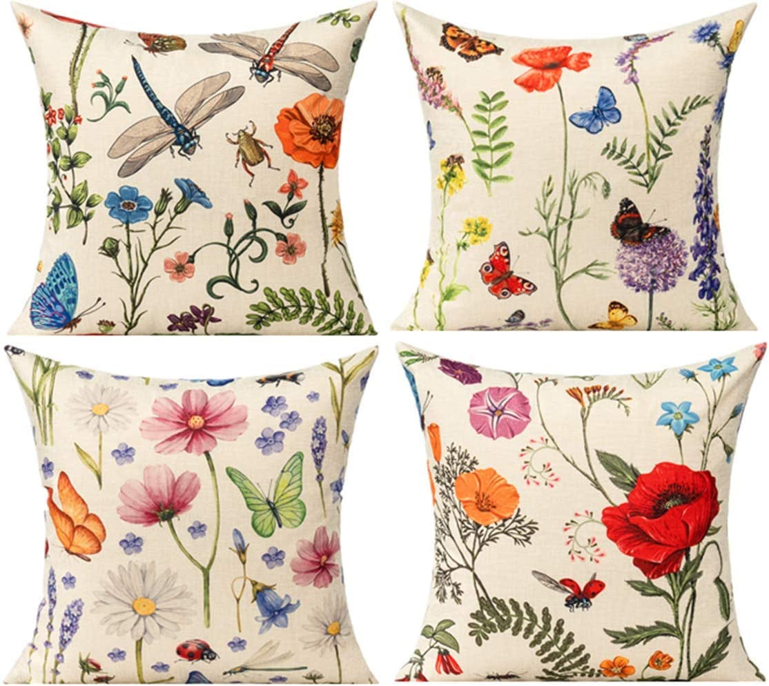 Vibrant Spring Garden Throw Pillow Covers - Set of 4, 18x18 Decorative Cushions for Outdoor Furniture & Farmhouse Style Decor