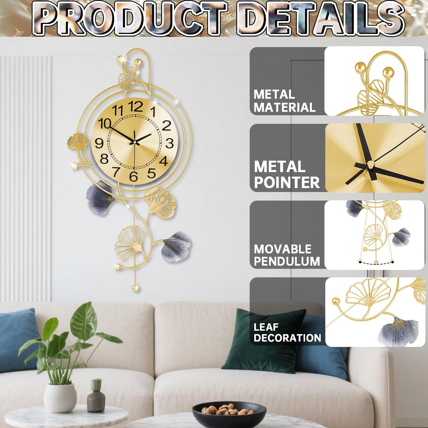 Elegant Silent Metal Wall Clock with Gold and Blue Leaves - Modern Design for Living Room, Bedroom, Office (25"x12") - Black Butterfly Accent