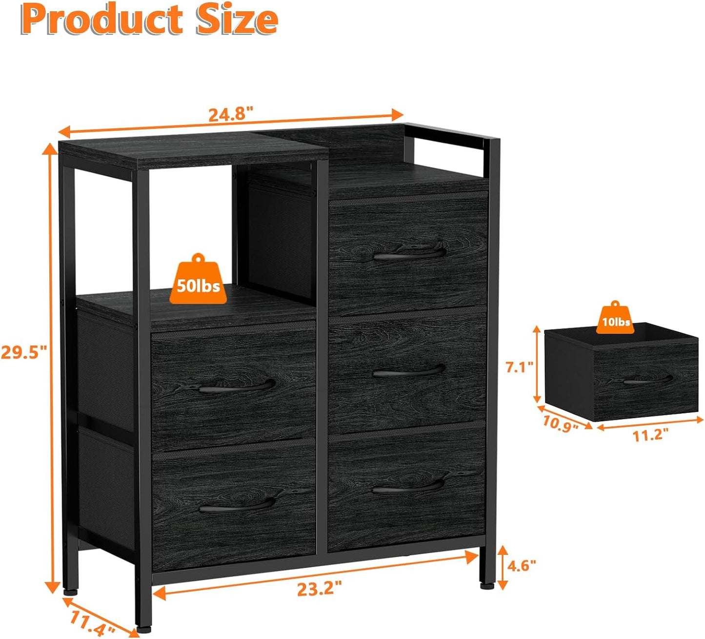 Stylish 5-Drawer Black Dresser with 2-Tier Shelf - Modern Fabric Storage Solution for Bedroom and Closet Organization