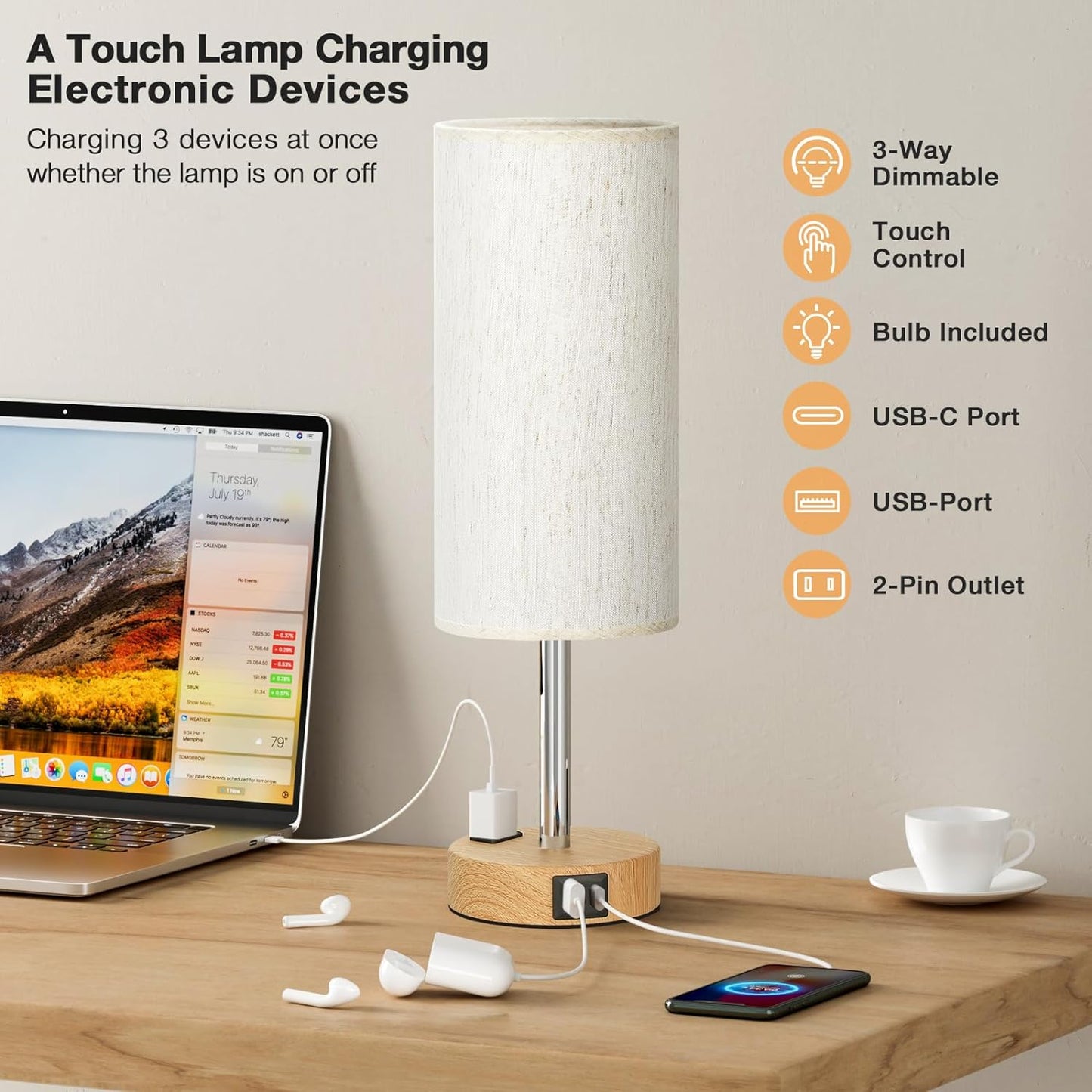 Elegant 3-Way Dimmable Touch Bedside Table Lamp with USB-C Charging and AC Outlet - Perfect for Bedroom, Living Room & Desk - Includes LED Bulb and Stylish Wood Base