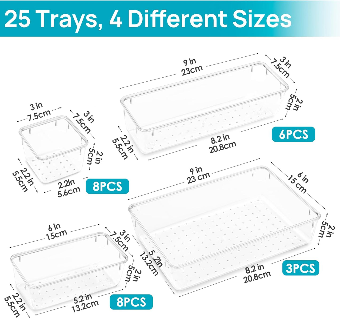 25 PCS Clear Plastic Drawer Organizers Set - Versatile Storage Bins for Makeup, Kitchen, and Office - Perfect for Bathroom and Vanity Organization