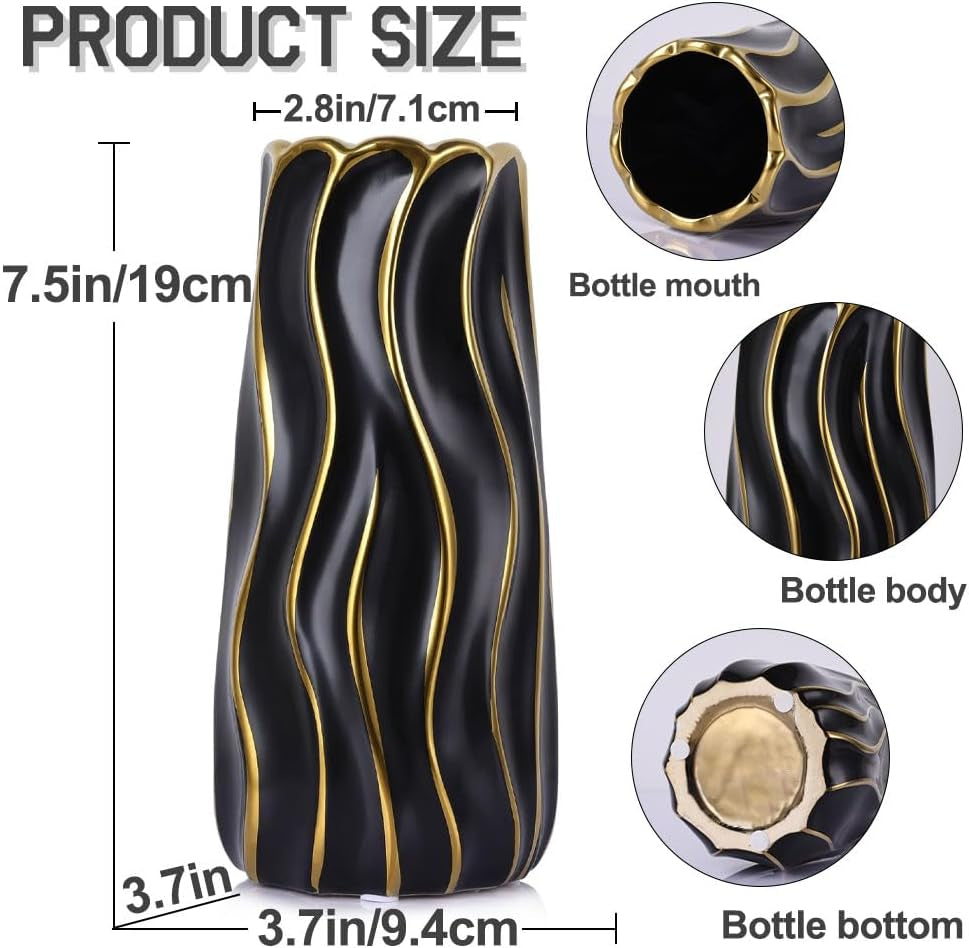 Elegant 7.5" Black Ceramic Vase - Stylish Minimalist Gold Accents, Perfect for Pampas Grass, Boho Home Decor, Weddings, and Gift Giving