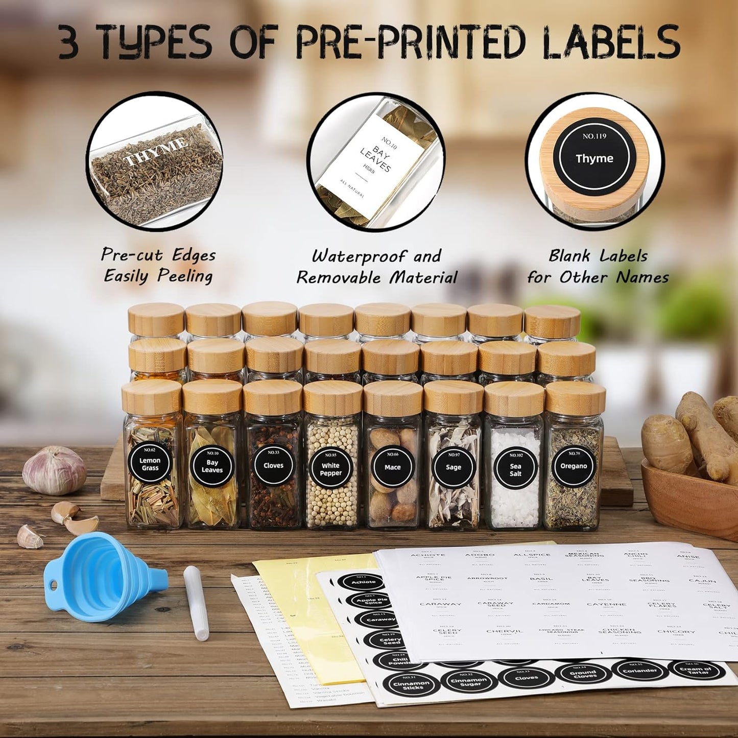 24-Piece Glass Spice Jar Set with Bamboo Lids - 4 Oz Minimalist Jars, Spice Labels, and Collapsible Funnel for Stylish Kitchen Storage
