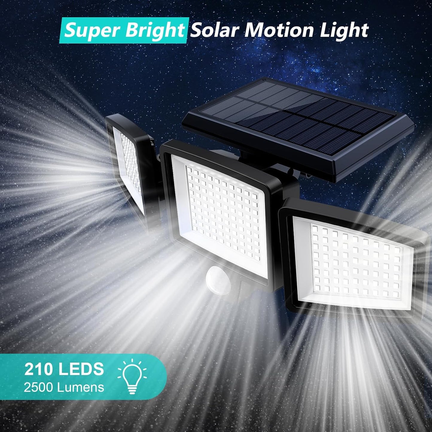 2500LM Solar Outdoor Security Lights - 210 LED Motion Sensor Flood Lights with Remote Control, 3 Adjustable Heads, IP65 Waterproof, 270° Wide Angle, 3 Modes (2 Pack)