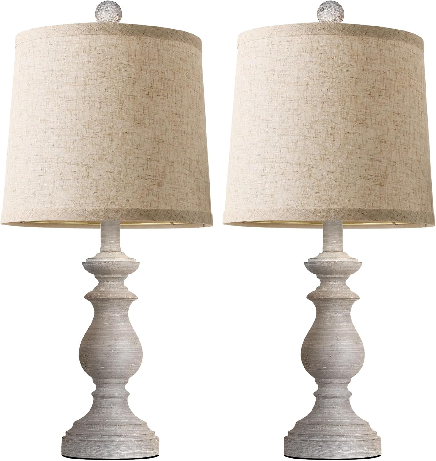 Rustic Farmhouse Table Lamp Set of 2 - 22" Vintage Nightstand Lamps with Linen Shades in Antique Grey for Living Room & Bedroom