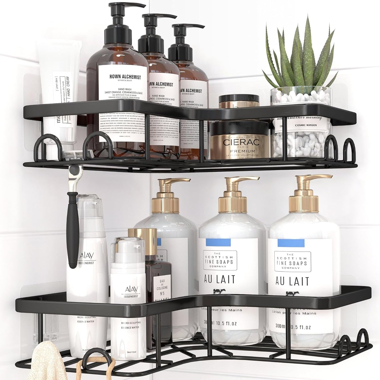 Space-Saving Corner Shower Caddy - 2 Pack, Rustproof Stainless Steel Shelves with 8 Hooks, No Drilling Bathroom Organizers in Black