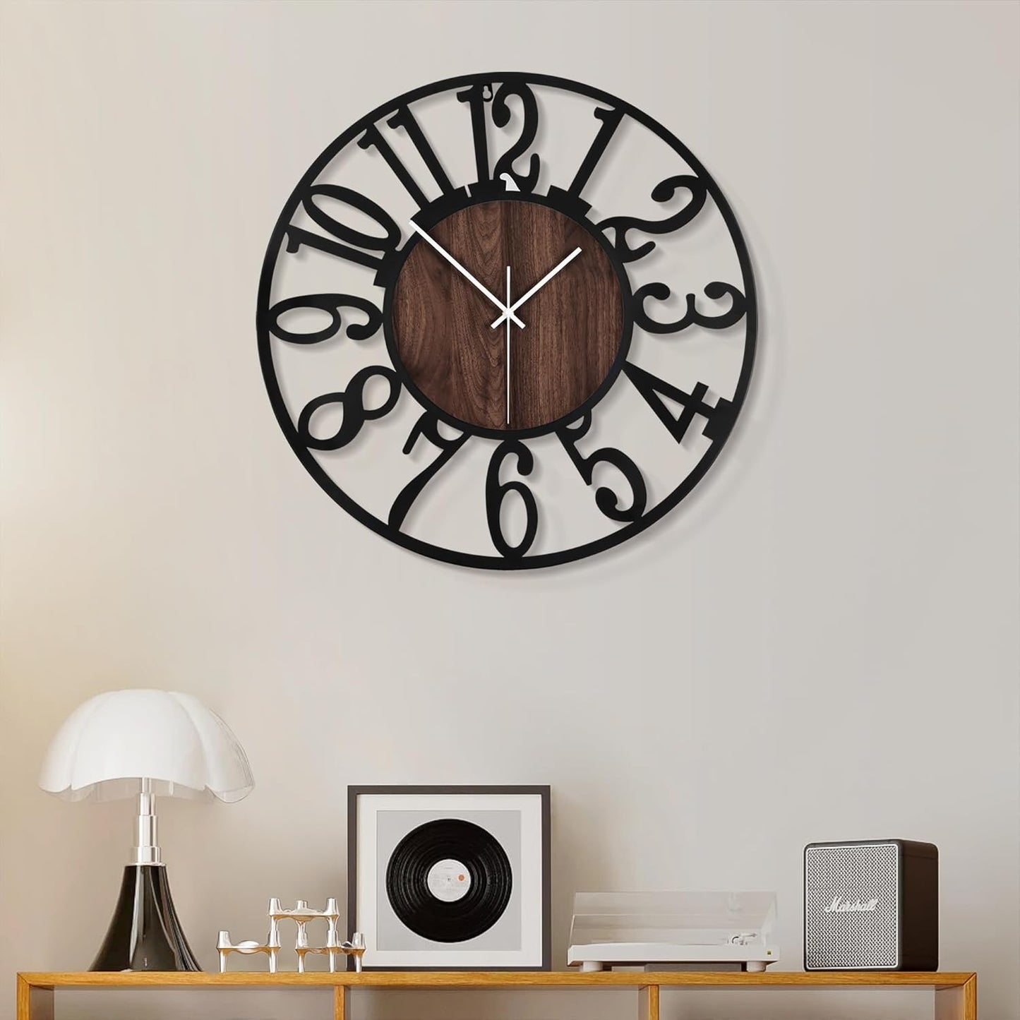 Elegant 13" Silent Non-Ticking Wall Clock - Antique Black Metal & Wood Design for Living Room, Bedroom, Kitchen, and Dining Room Decor with Arabic Numerals