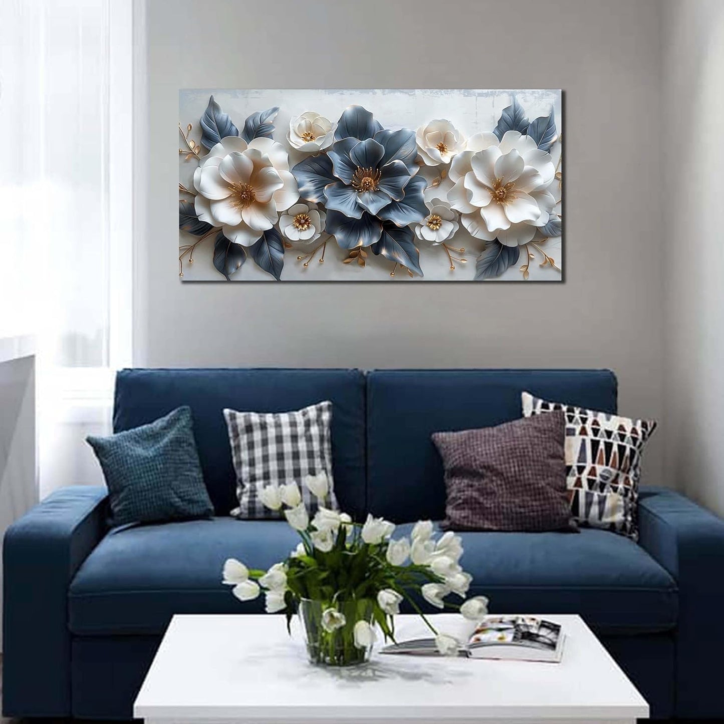 Stunning Blue and White Flower Prints Wall Art - Aesthetic 20" X 40" Decor for Living Room, Office, and Bedroom