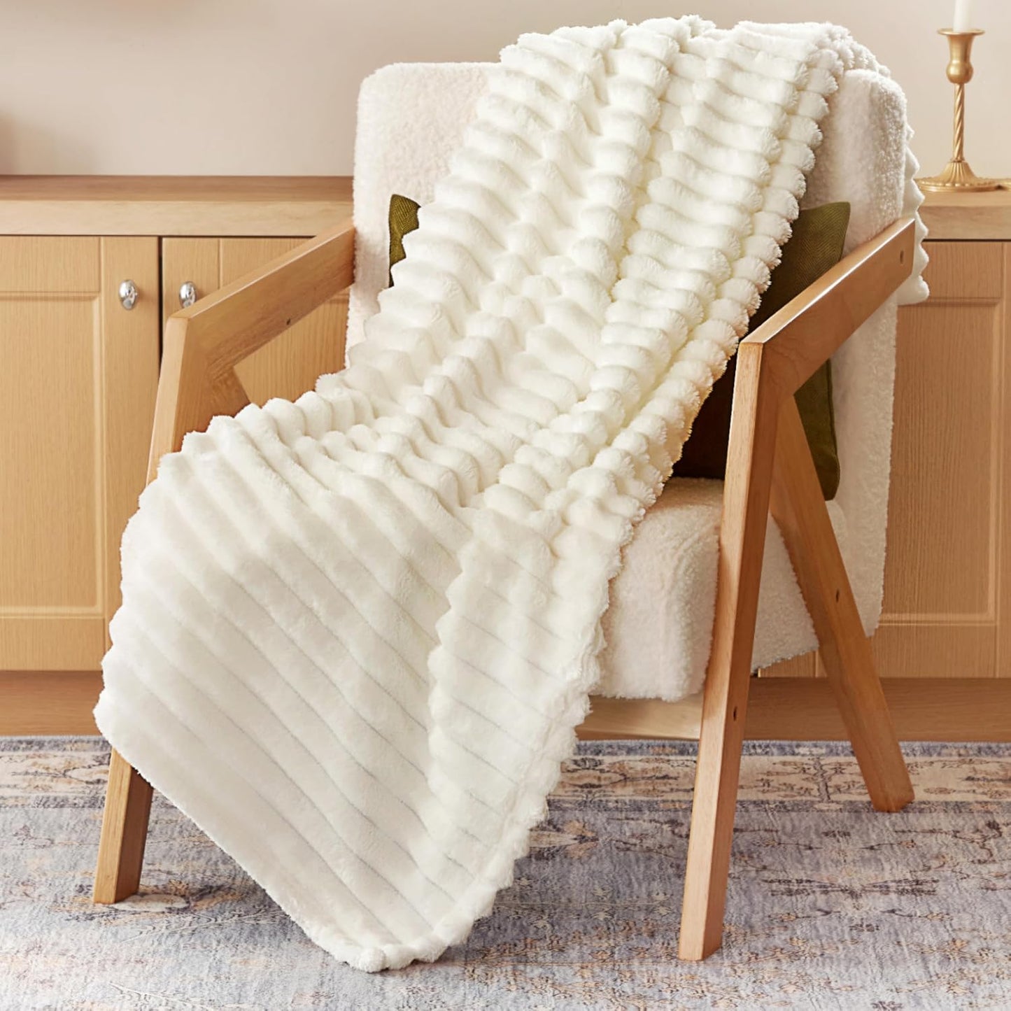 Cozy White Throw Blanket - Soft Fleece 3D Ribbed Jacquard, Perfect Birthday Gift for Women, Moms & Girls - Aesthetic Home Decor, 50x60 Inches