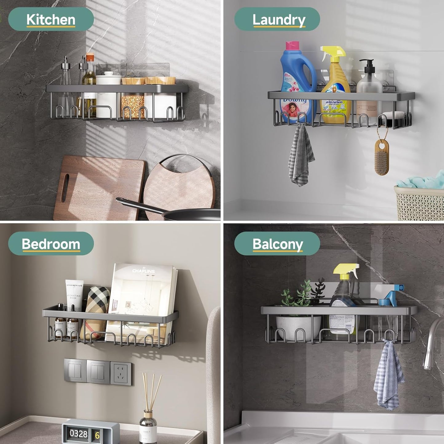 6-Pack Rustproof & Waterproof Shower Caddy - No-Drill Adhesive Shelves for Bathroom, Dorm & Apartment Organization - Stylish Light Grey Design