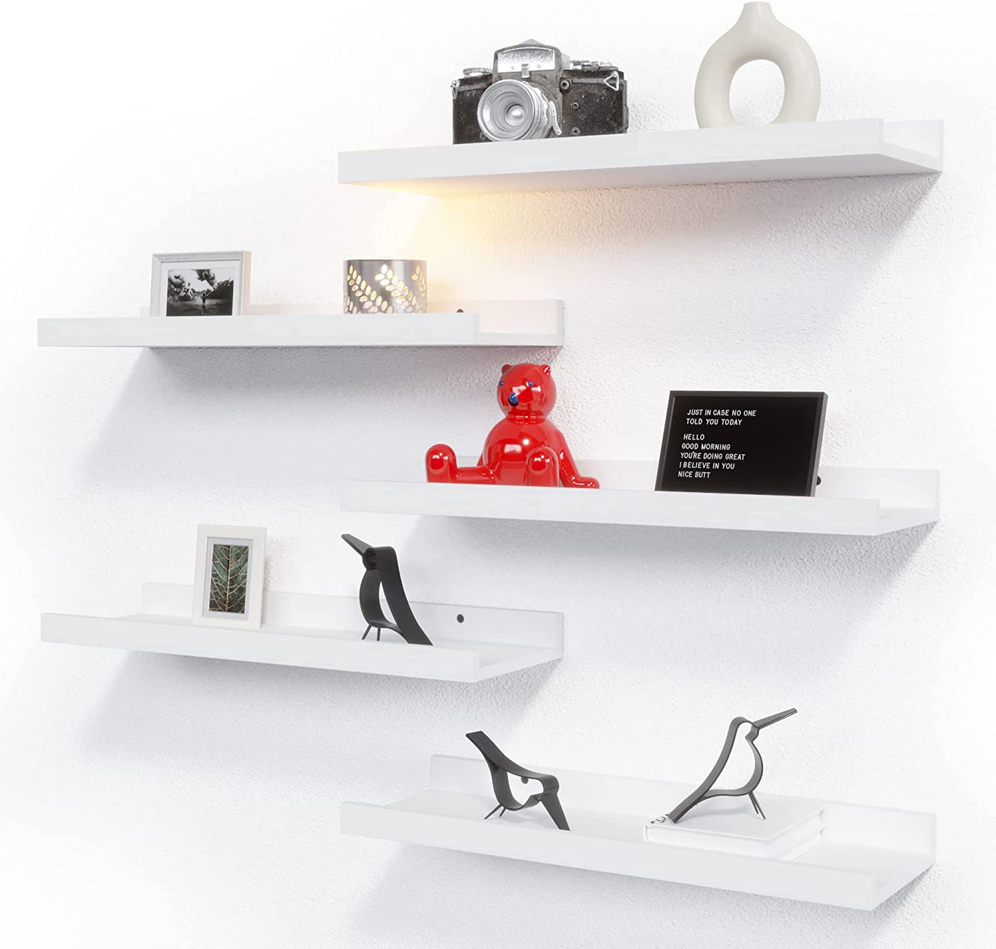 5-Piece White Floating Shelves Set - Stylish Wall-Mounted Picture Ledge for Nursery, Bedroom, Living Room, and Bathroom Decor