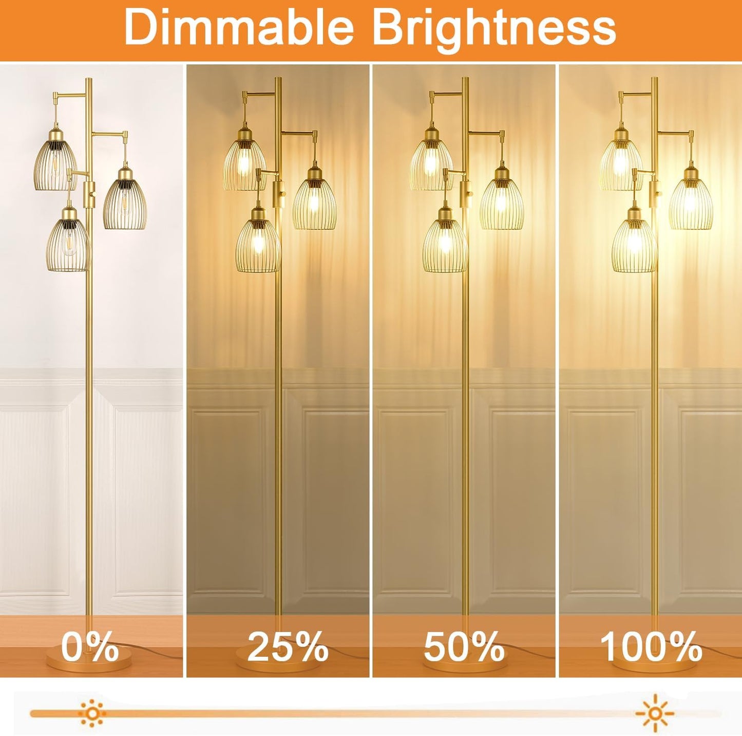 Elegant Dimmable Gold Tree Floor Lamp with Teardrop Cage Heads - 800 Lumens LED Lighting for Living Room and Bedroom