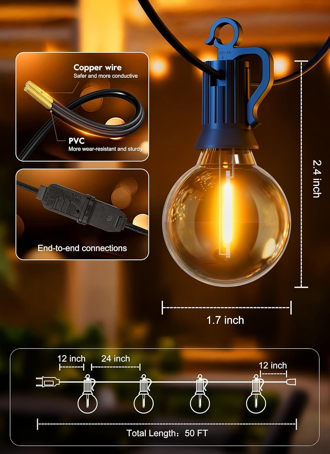 50 Ft Outdoor String Lights - Dimmable LED Patio Lights with Weatherproof G40 Globe Bulbs for Backyard and Porch Decor (25 Bulbs)