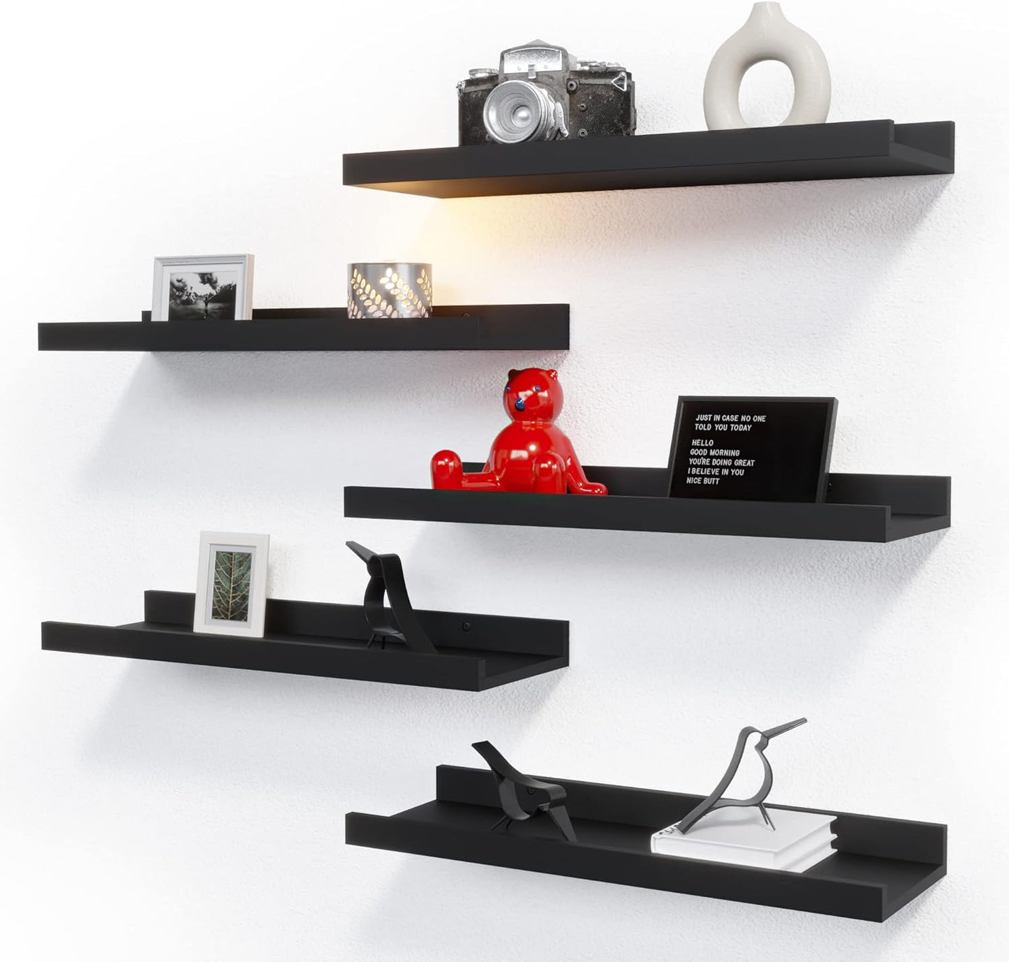 5-Piece Black Floating Wall Shelves - Stylish Picture Ledge for Nursery, Bedroom, Living Room & Bathroom Storage