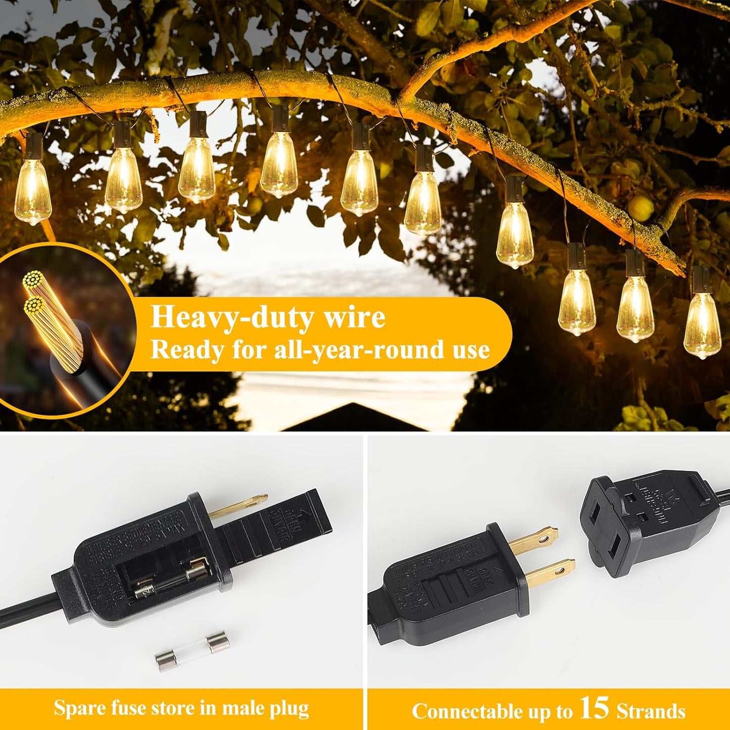 100FT LED Outdoor String Lights - 52 Shatterproof Vintage Edison Bulbs, Waterproof & Dimmable for Patio, Garden, Deck, and Balcony