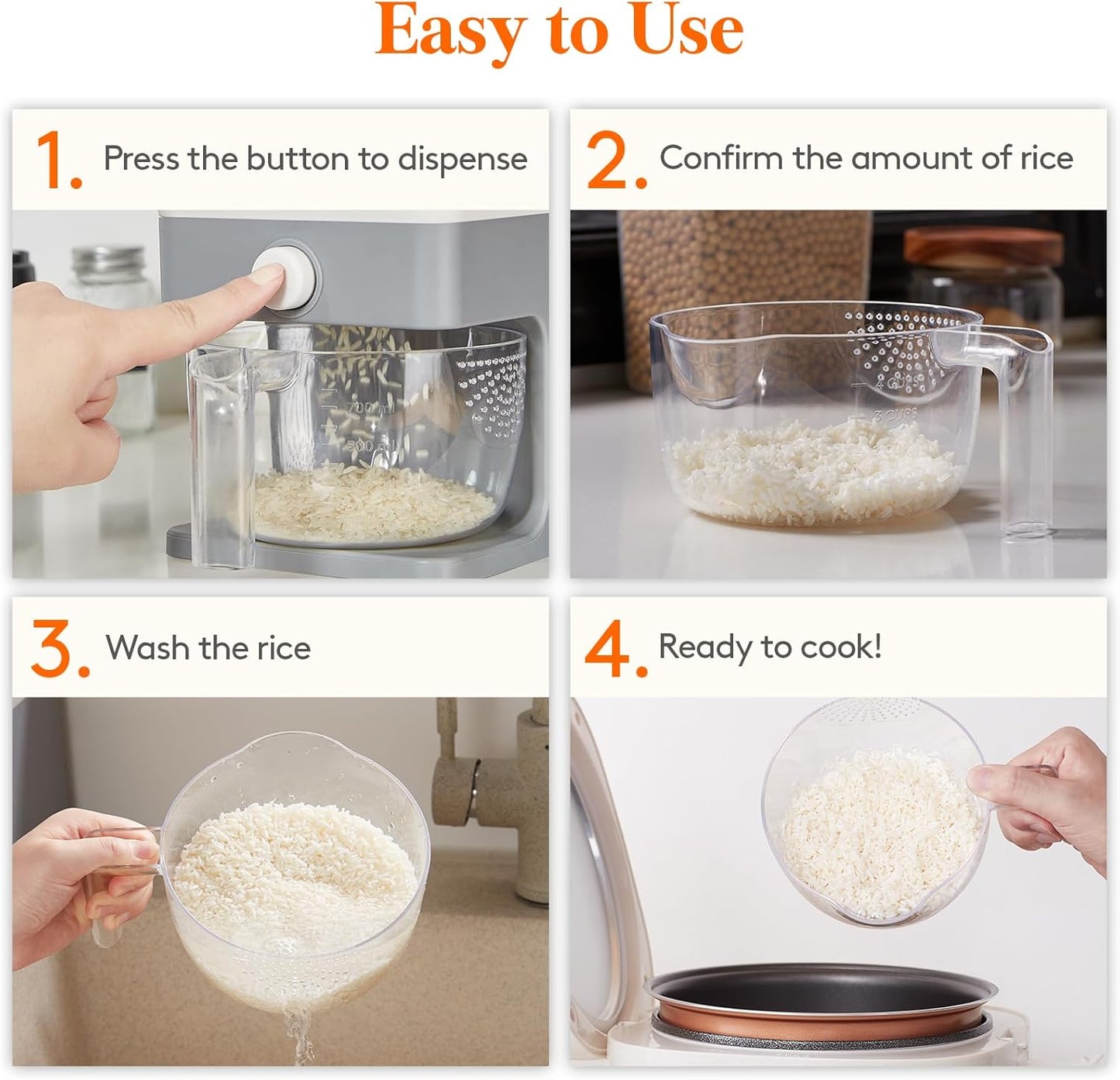 25 Lbs Rice Dispenser - Airtight Moisture-Proof Storage Container with Measuring Cup - BPA-Free Kitchen Pantry Essential