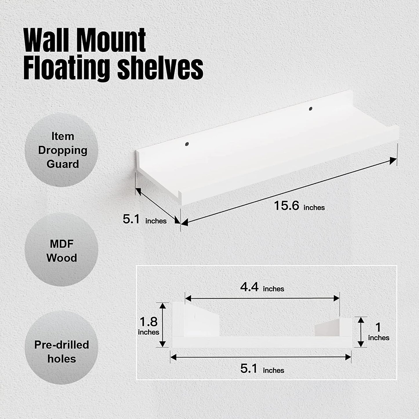 5-Piece White Floating Shelves Set - Stylish Wall-Mounted Picture Ledge for Nursery, Bedroom, Living Room, and Bathroom Decor