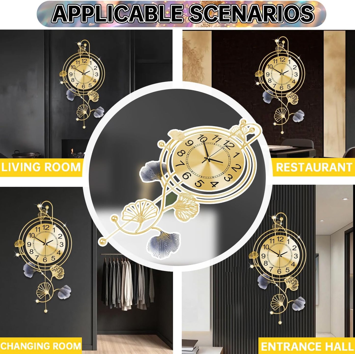 Elegant Silent Metal Wall Clock with Gold and Blue Leaves - Modern Design for Living Room, Bedroom, Office (25"x12") - Black Butterfly Accent