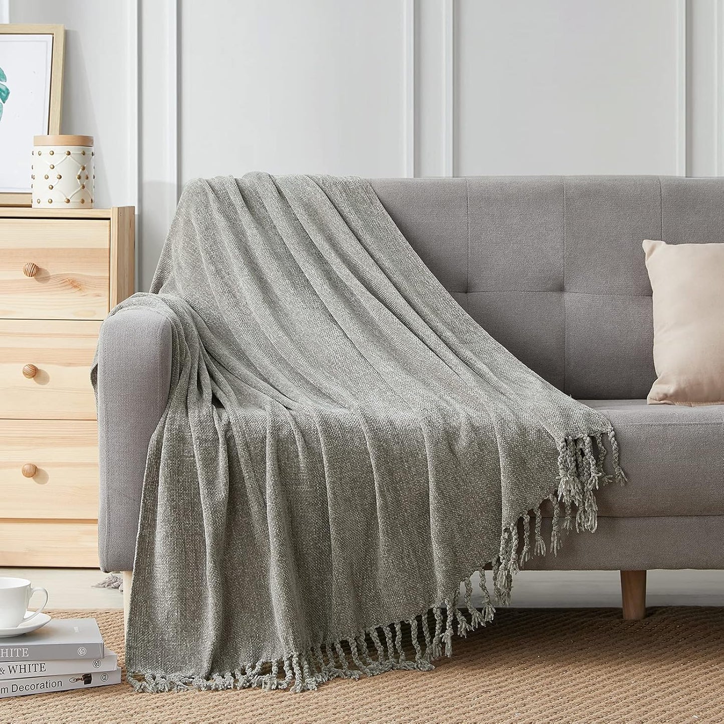 Luxurious Chenille Fluffy Throw Blanket with Decorative Fringe - Perfect for Couch, Sofa, or Chair (50x60 Inches, Grey)