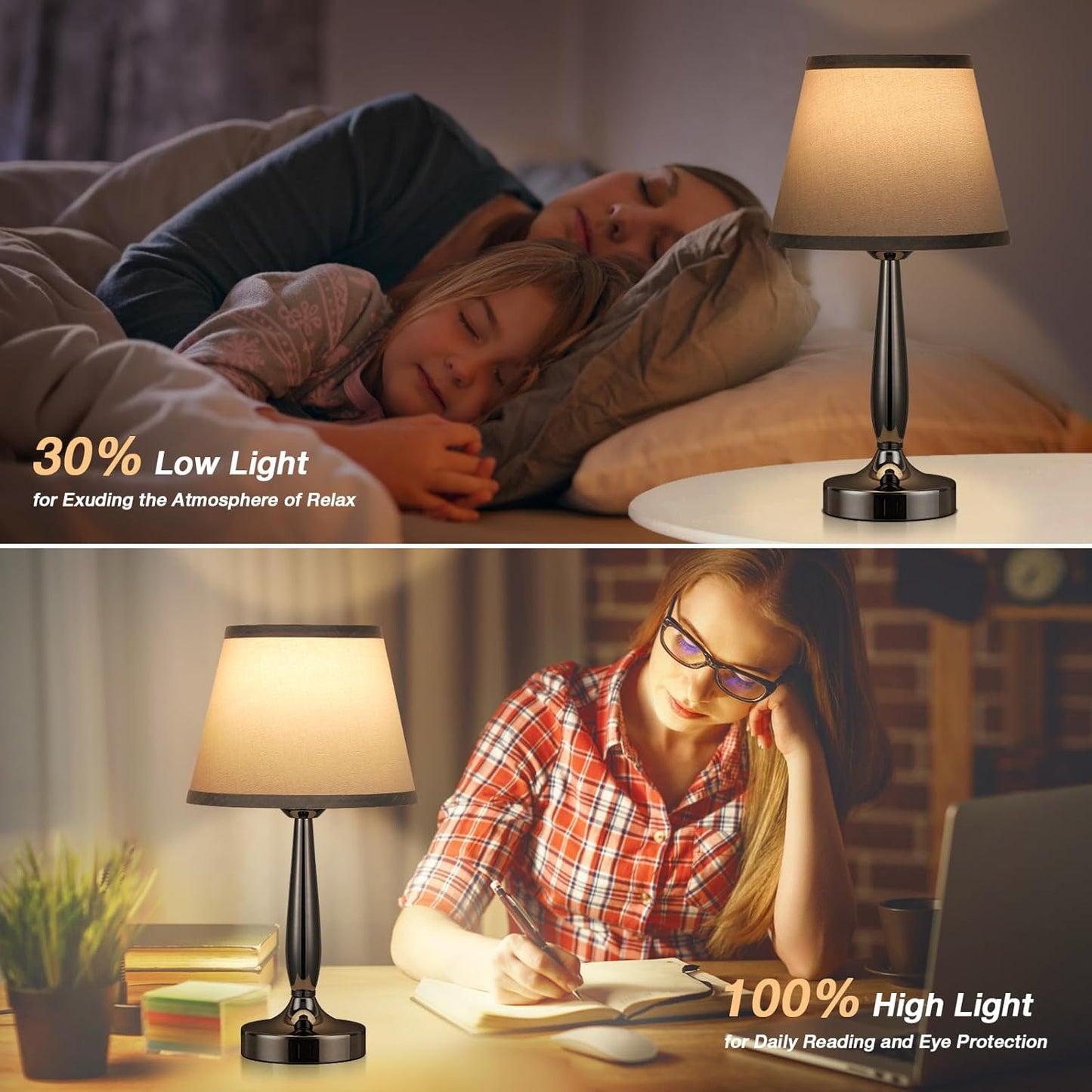 Touch Control Table Lamp with USB-C Charging, 3-Way Dimmable Nightstand Light for Bedroom, Living Room & Office - LED Bulb Included