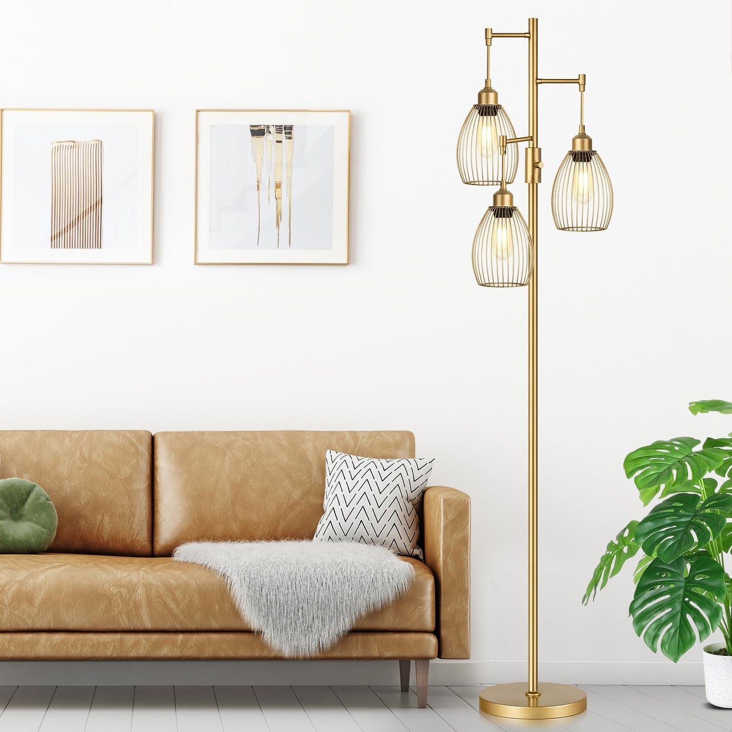 Elegant Dimmable Gold Tree Floor Lamp with Teardrop Cage Heads - 800 Lumens LED Lighting for Living Room and Bedroom