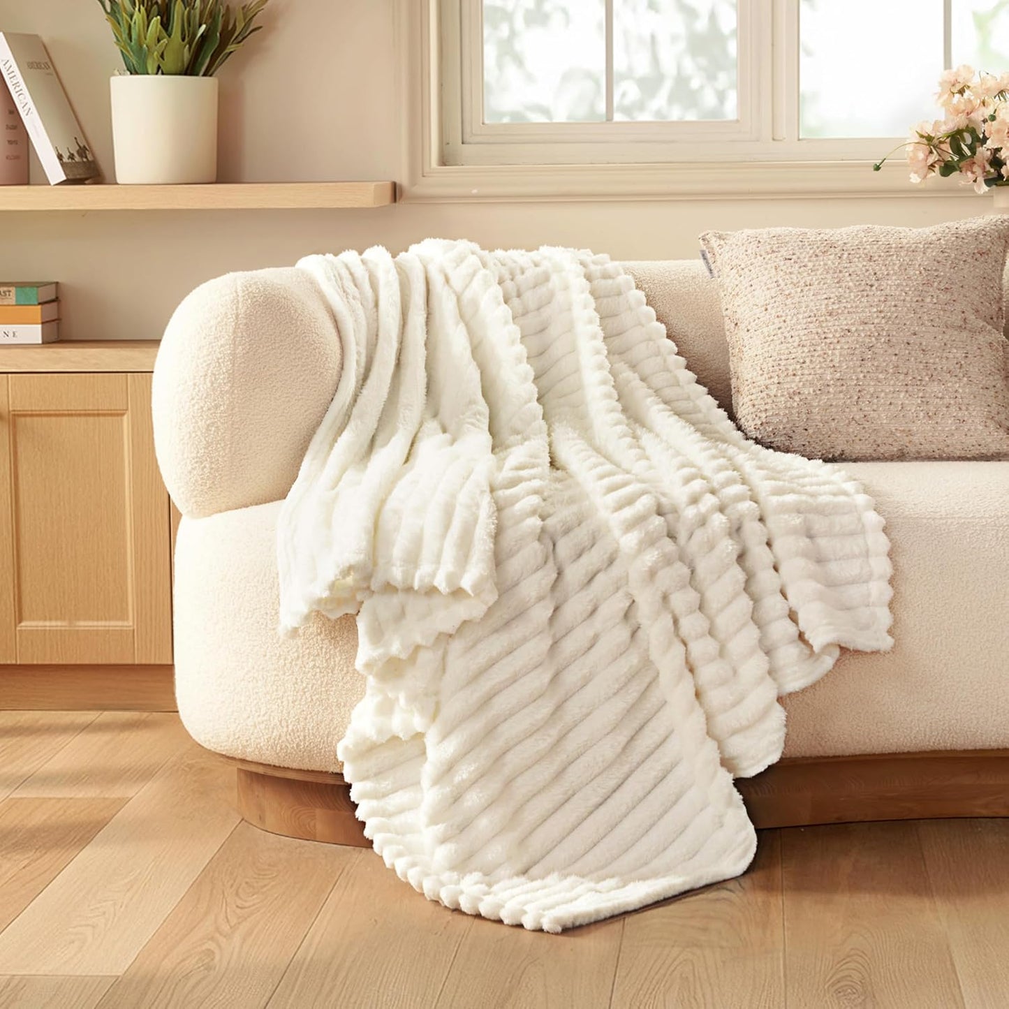 Cozy White Throw Blanket - Soft Fleece 3D Ribbed Jacquard, Perfect Birthday Gift for Women, Moms & Girls - Aesthetic Home Decor, 50x60 Inches