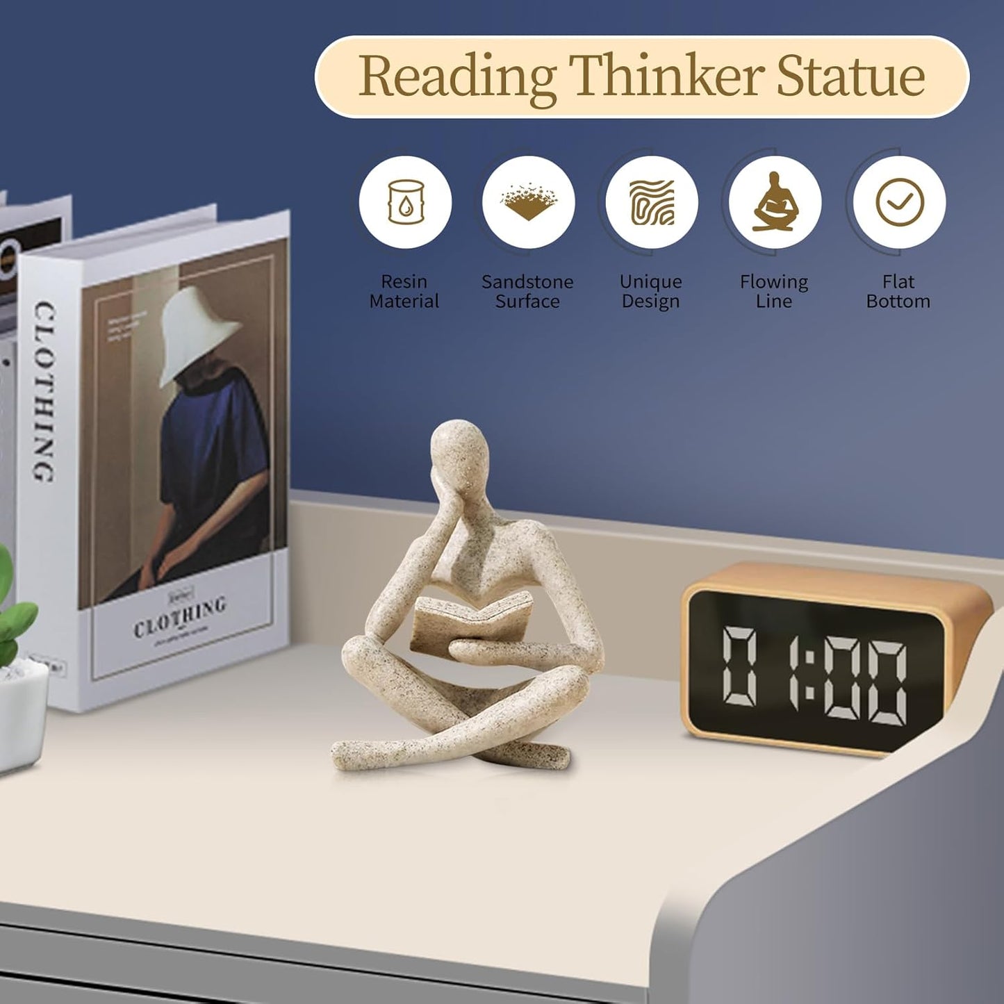 Abstract Thinker Statue - Modern Aesthetic Bookshelf Decor for Living Room & Office - Beige Reading Figurine for Coffee Table & Desk